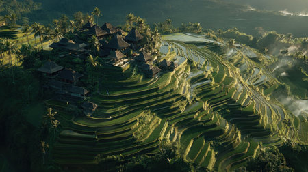 Terraced rice fields in Bali glowing in golden hour with layered green landscapeの素材