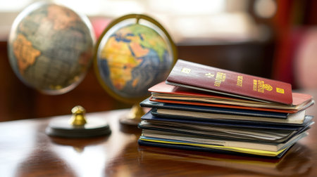 Stack of passports in different languages placed on a desk with a globe in backgroundの素材