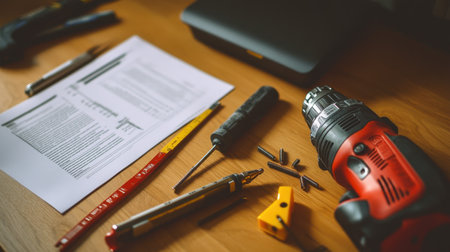 Toolset laid out for AC installation including level, drill, and screws beside instruction manualの素材