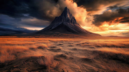 Volcanic mountain peak surrounded by arid plains and ash deposits under moody skyの素材