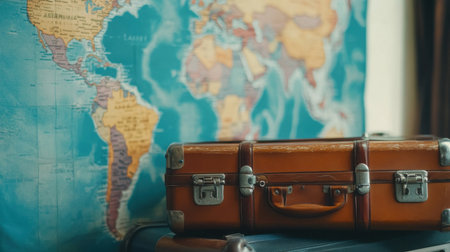 Vintage travel posters lining hallway wall in cozy hostel with luggage lined belowの素材