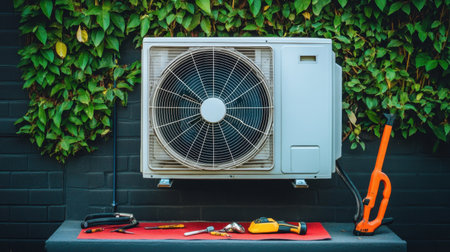 Wall-mounted mini-split AC unit with technician tools neatly placed on drop cloth belowの素材