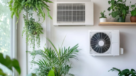 White air conditioning unit in minimalist Scandinavian-style home interior with potted plantsの素材