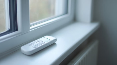 White air conditioning remote resting on a windowsill with soft light streaming inの素材