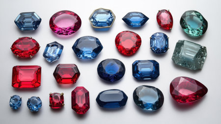 Assorted loose sapphires arranged by shape and cut on a neutral gray backgroundの素材