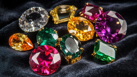 Assorted precious gems including sapphire, ruby, and emerald arranged artistically on a dark velvet backdropの素材