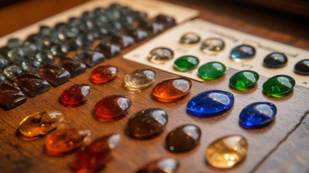 Assorted polished gems on a wooden table beside gem grading cardsの素材