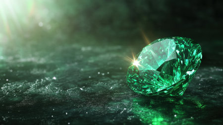A glowing emerald gemstone placed under a spotlight, surrounded by its rich green hue reflecting off a dark backgroundの素材