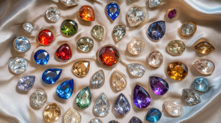 A dramatic composition of rare and colorful gemstones displayed in a circular layout on a silk clothの素材