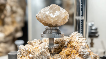 A gemstone mounted on a dop stick with measurement tools in the backgroundの素材