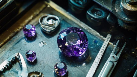 A raw precious gem like amethyst displayed with precision measuring tools and light reflections on the surfaceの素材