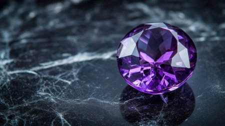 Close-up of a faceted amethyst gemstone glowing with purple hues, resting on a black marble backgroundの素材