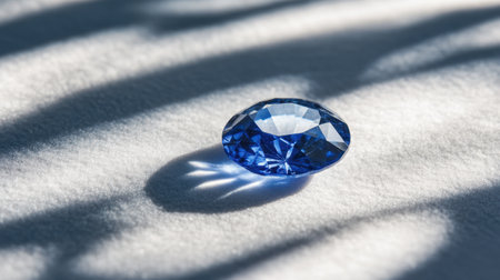 Close-up of sapphire surrounded by subtle shadows on white matte surfaceの素材
