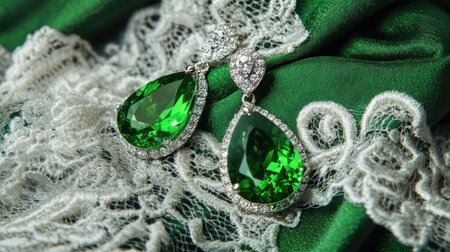 Close-up of teardrop-cut gemstone earrings resting on lace fabricの素材
