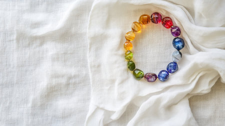 Colorful gemstone halo arranged in a ring shape on white linen fabricの素材