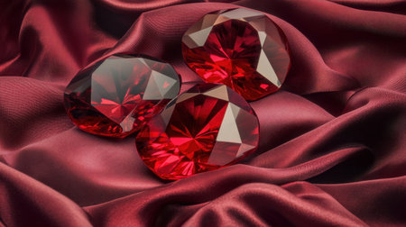 Cut and polished garnet gems with deep red tones displayed together on a silk fabric with luxurious foldsの素材