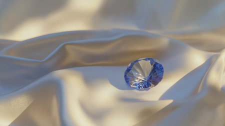 Faceted sapphire lying flat on a white satin cloth with soft natural sunlight casting a glowの素材