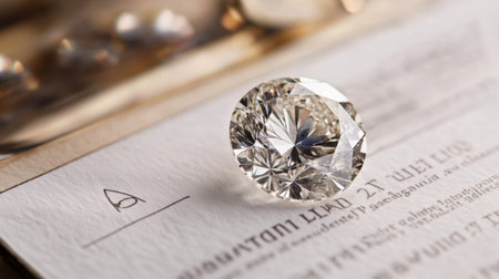 Diamond resting on top of a gem certificate, symbolizing quality and authenticityの素材