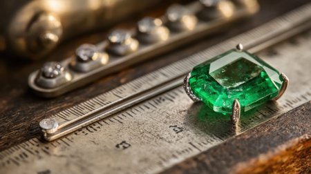 Elegant emerald displayed next to ruler and weight scale for precise gem gradingの素材