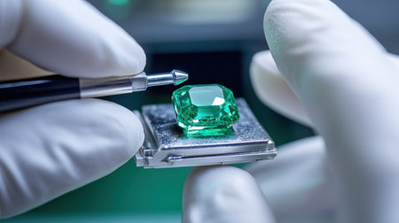 Emerald set inside a gem clamp for close inspection with loupe and white gloves nearbyの素材