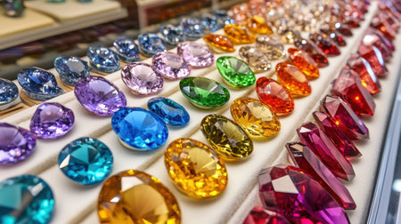 Display of calibrated multicolored gems laid on soft foam insert with labelsの素材