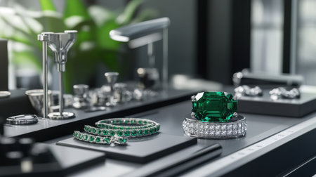 Elegant emerald displayed next to ruler and weight scale for precise gem gradingの素材