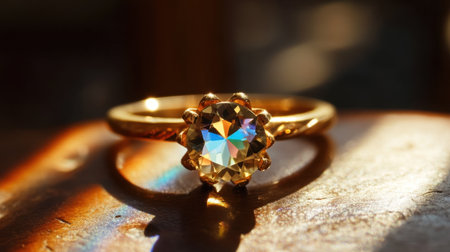 Macro image of a solitaire gemstone ring reflecting soft rainbow flaresの素材