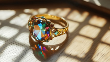 Rainbow-colored gemstone ring pattern casting light reflections on tableの素材