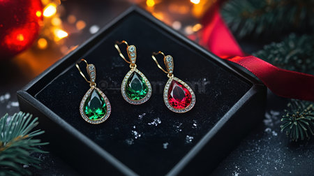 Set of matching gemstone earrings and necklace inside a gift box with ribbonの素材