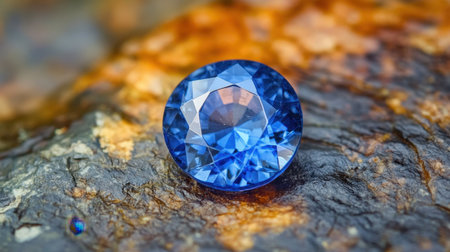 Single blue sapphire resting on a rough stone background, emphasizing contrastの素材