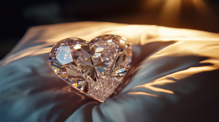 Sparkling heart-shaped diamond on a soft satin pillow, lit by overhead spotlightの素材