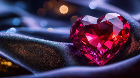Single heart-shaped ruby glistening on a satin background, illuminated to enhance its romantic appealの素材