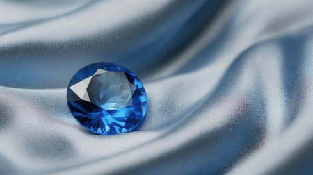 Side angle shot of a round-cut sapphire positioned on a light gray satin fabricの素材