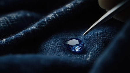 Sapphire held in tweezers hovering above dark felt with soft lightingの素材