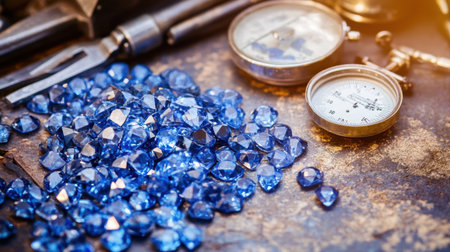 Sapphire next to carat scale and measurement tools on gem grading deskの素材