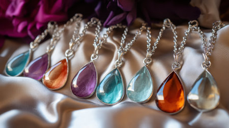 Teardrop gemstone pendants aligned in a row on satin for a luxurious compositionの素材