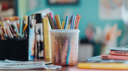 A desk cluttered with teen stationery, comic books, and empty bubble tea cupの素材