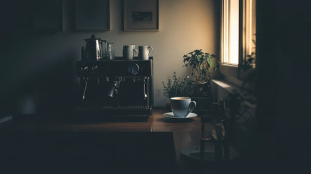 A tiny coffee station with a minimalist espresso machine and cupの素材