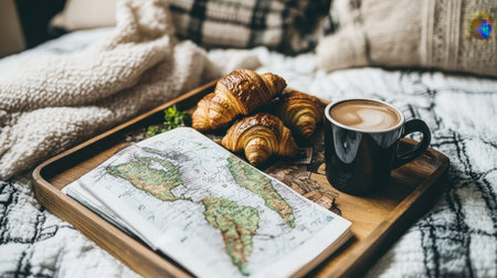 Breakfast tray on hotel bed with croissants, coffee, and local travel guideの素材