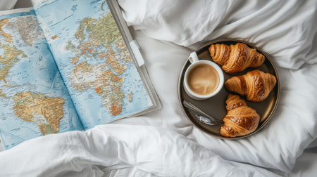 Breakfast tray on hotel bed with croissants, coffee, and local travel guideの素材