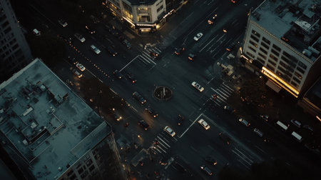 Aerial view of a busy city intersection with cars, crosswalks, and illuminated streetlights at duskの素材