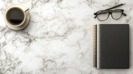 Business books, a planner, and coffee arranged neatly on a marble office deskの素材