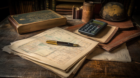 Business productivity tools on desk calculator, documents, charts, and fountain penの素材