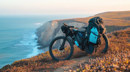 Backpack leaning against a bicycle near a cliffside ocean roadの素材