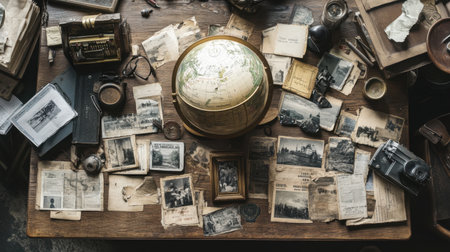 Collection of travel photos and tickets displayed around a globe on a wooden deskの素材