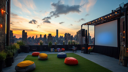 City rooftop cinema setup with projector, bean bags, and ambient lightsの素材