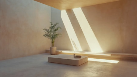 Clean white living room with a single potted plant, low table, and neutral color paletteの素材