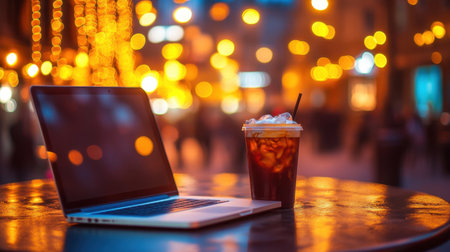 Coffee shop table with laptop, iced coffee, and open planner under warm lightingの素材