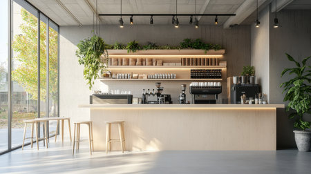 Contemporary city cafe with stylish interior design and tech-friendly workspaceの素材