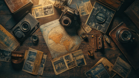 Collection of travel photos and tickets displayed around a globe on a wooden deskの素材